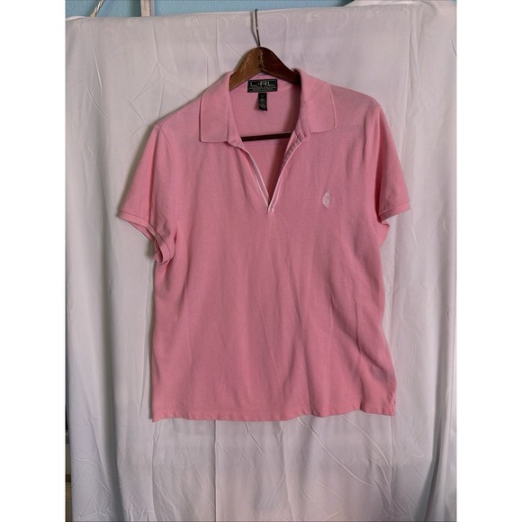 Ralph Lauren Tops - Ralph Lauren Active Women's Pink V-Neck Embroidered Crest Logo Shirt Sz XL Flaw